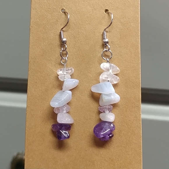 Amethyst Quartz Crystal Blue Lace Agate Earrings Natural Gemstone Chip Beaded - Picture 3 of 14